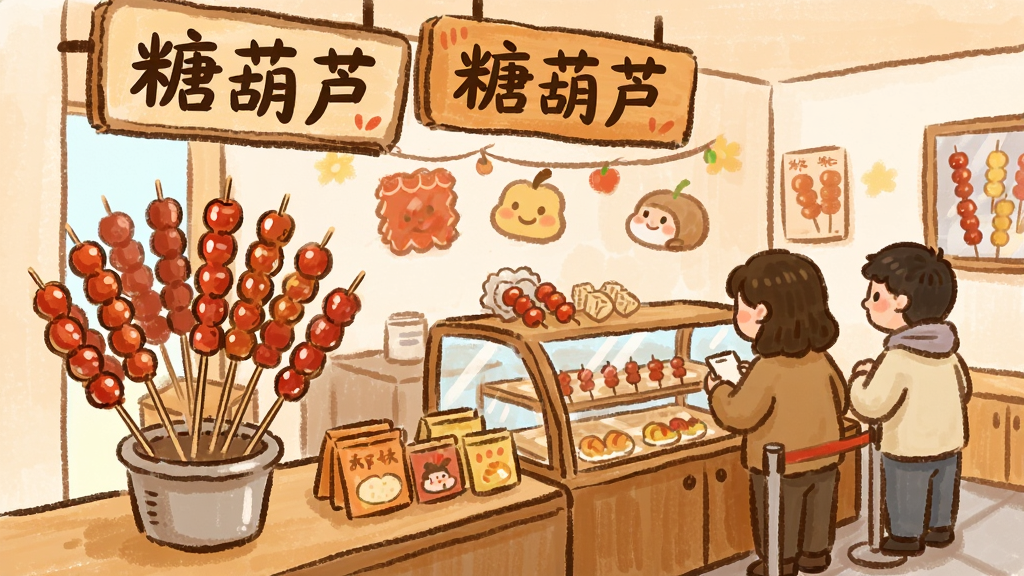 一个温馨的小店铺场景,主体是店铺柜台和展示柜,布局为前景是柜台上的糖葫芦展示架,中景是顾客在排队,背景是店铺的装饰墙,风格为卡通手绘,细节包括店铺招牌上写着“糖葫芦”,画质高清,干净无多余元素