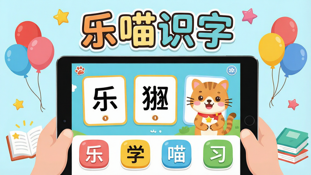 一张展示乐喵识字软件界面的宣传图,主体为卡通风格的儿童手持平板电脑,屏幕上显示乐喵识字的汉字卡片与可爱动物角色,布局采用居中构图,上方为软件名称“乐喵识字”艺术字,下方为多个汉字学习模块图标,排版整齐清晰,风格为清新童趣的扁平化插画,细节包括彩色气球、星星、书本等装饰元素,画质高清,画面干净,无多余元素。