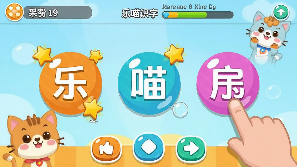 乐喵识字互动游戏界面截图,主体为儿童用手指点击屏幕上的汉字泡泡,布局为游戏主画面居中,上方显示得分和关卡进度,下方为操作按钮,排版活泼,风格为卡通扁平化,细节包括彩色泡泡、星星奖励、可爱小动物角色,画质高清,画面干净,无多余元素。