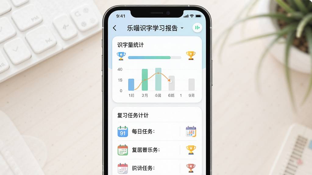 乐喵识字学习报告界面,主体为手机屏幕显示识字量统计图表和复习计划列表,布局为上下结构,上方为数据总览,下方为每日任务,排版清晰,风格为清新简约,细节包括进度条、奖杯图标、日历标记,画质高清,画面干净,无多余元素。