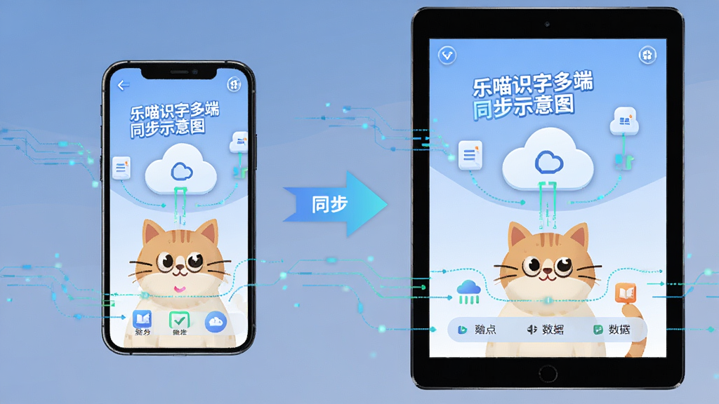 乐喵识字多端同步示意图,主体为手机和平板并排显示相同学习进度界面,布局为左右对比构图,中间有同步箭头连接,排版对称,风格为科技感扁平插画,细节包括云朵同步图标、数据流动线条,画质高清,画面干净,无多余元素。