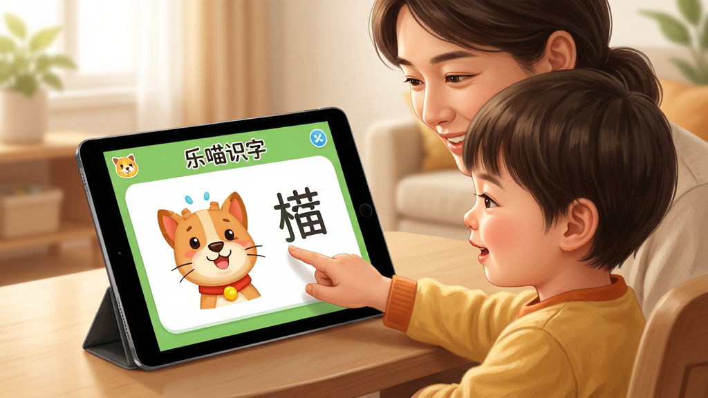 乐喵识字在手机和平板上的使用场景图,主体为家长和孩子一起看平板学习汉字,布局为温馨家庭场景,排版自然,风格为写实插画,细节包括平板屏幕显示乐喵识字界面、孩子手指点读、家长微笑陪伴,画质高清,画面干净,无多余元素。