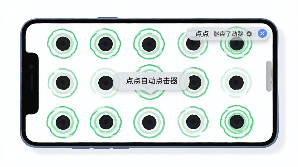 主体是手机屏幕上的多点触控示意图,布局为圆形点击点均匀分布在屏幕各处,排版采用俯视角度展示手机,风格为扁平化科技插画风格,细节包括每个点击点带有绿色波纹扩散效果和'点点自动点击器'悬浮窗,画质清晰、干净、无多余元素