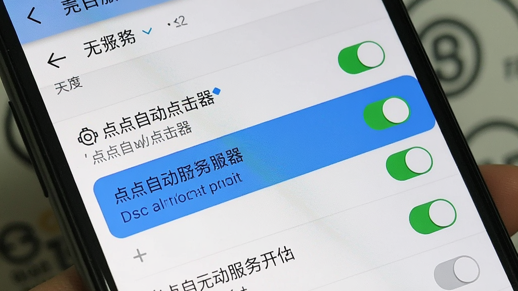 主体是手机屏幕显示无障碍服务设置界面,布局为纵向列表形式,排版清晰展示各项权限开关,风格为系统原生UI截图风格,细节包括'点点自动点击器'服务名称和高亮显示已开启状态,画质清晰、干净、无多余元素
