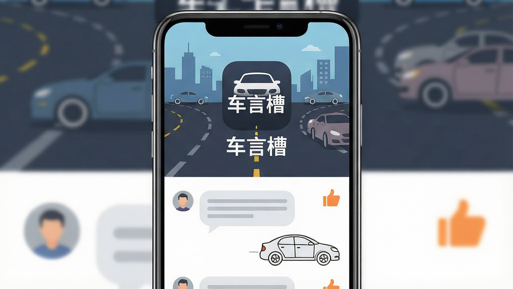 一张手机屏幕展示汽车社区应用界面的图片,画面中央是“车言槽”应用图标和名称,背景为城市道路和汽车轮廓,布局为上下结构,上方是应用名称和图标,下方是用户评论气泡和汽车简笔画,风格为扁平化插画,细节包括道路线条、汽车轮廓、聊天气泡、点赞图标,画质清晰干净,无多余元素