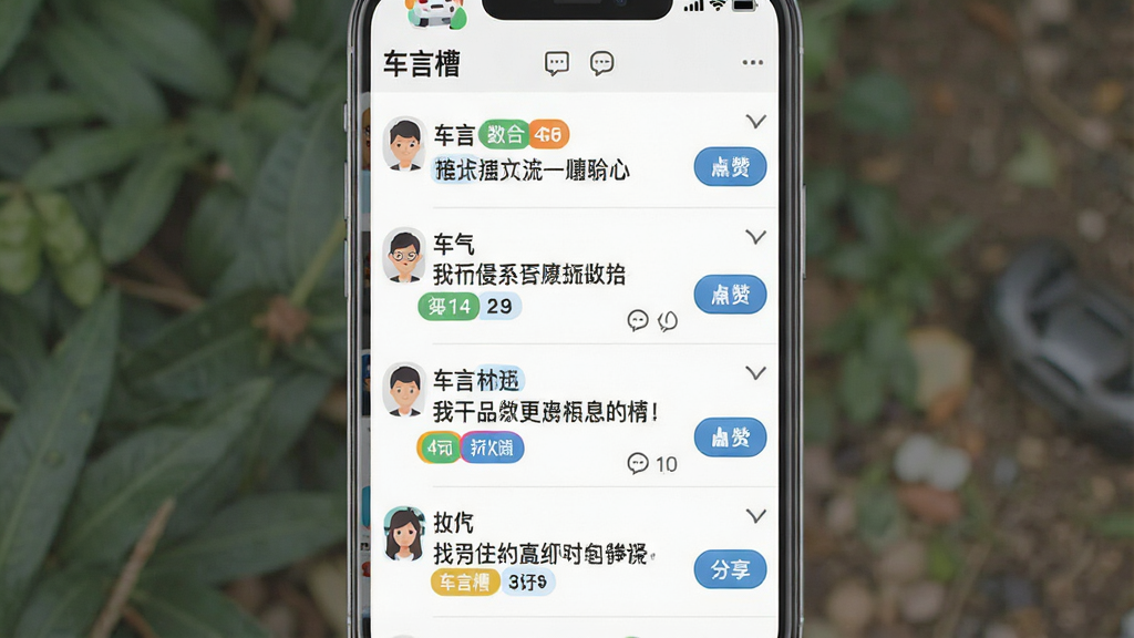 一张展示手机应用社区界面的图片,画面中央是“车言槽”应用中的吐槽帖子列表,每一条帖子包含用户头像、文字内容和点赞按钮,布局为垂直列表,风格为现代扁平化设计,细节包括彩色标签、评论图标、分享按钮,画质清晰干净,无多余元素