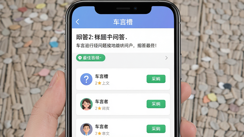一张展示手机应用问答界面的图片,画面中央是“车言槽”应用中的问答页面,包含问题标题、回答列表和最佳答案标记,布局为上下结构,上方是问题描述,下方是回答卡片,风格为友好亲切,细节包括问号图标、回答者头像、采纳按钮,画质清晰干净,无多余元素