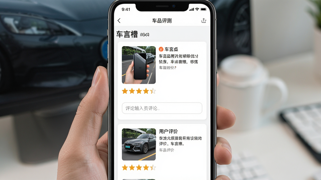 一张展示手机应用评测界面的图片,画面中央是“车言槽”应用中的车品评测页面,包含产品图片、评分星级和用户评价文字,布局为卡片式列表,风格为明亮清新,细节包括产品照片、五星评分、评论输入框,画质清晰干净,无多余元素