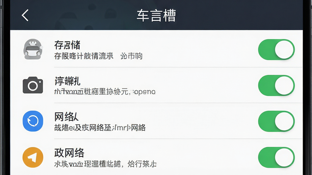一张展示手机应用设置界面的图片,画面中央是“车言槽”应用的权限管理页面,包含存储、相机、网络等权限开关,布局为列表形式,风格为简洁实用,细节包括权限图标、开关按钮、说明文字,画质清晰干净,无多余元素