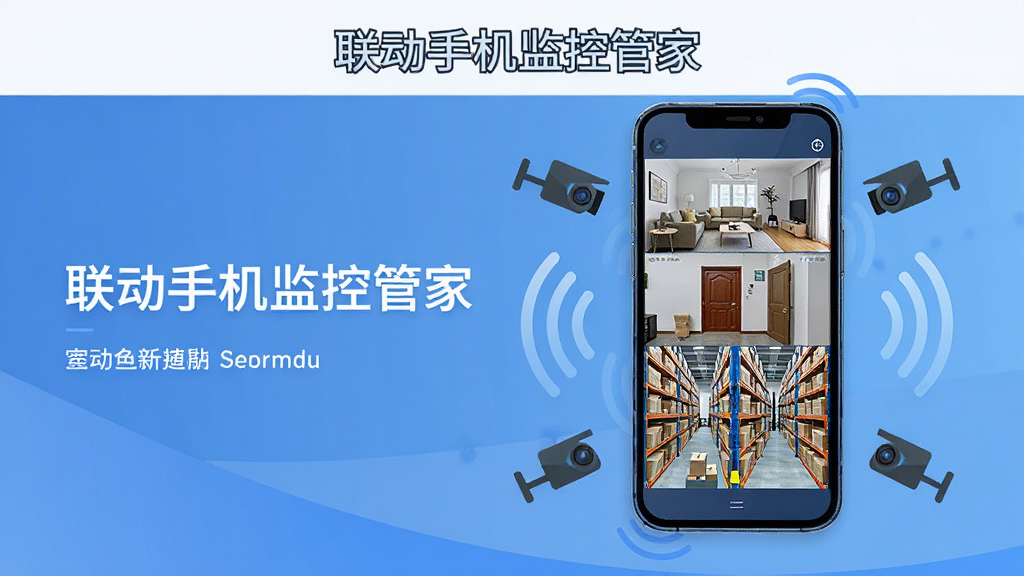 一张横版科技风宣传图,画面中央是一部智能手机,屏幕内显示多路监控画面,包含客厅、门口、仓库等场景,手机周围环绕摄像头图标与信号波纹,整体布局左文右图,排版简洁,风格现代扁平化,细节清晰,画质干净,无多余元素,图片上方写“联动手机监控管家”