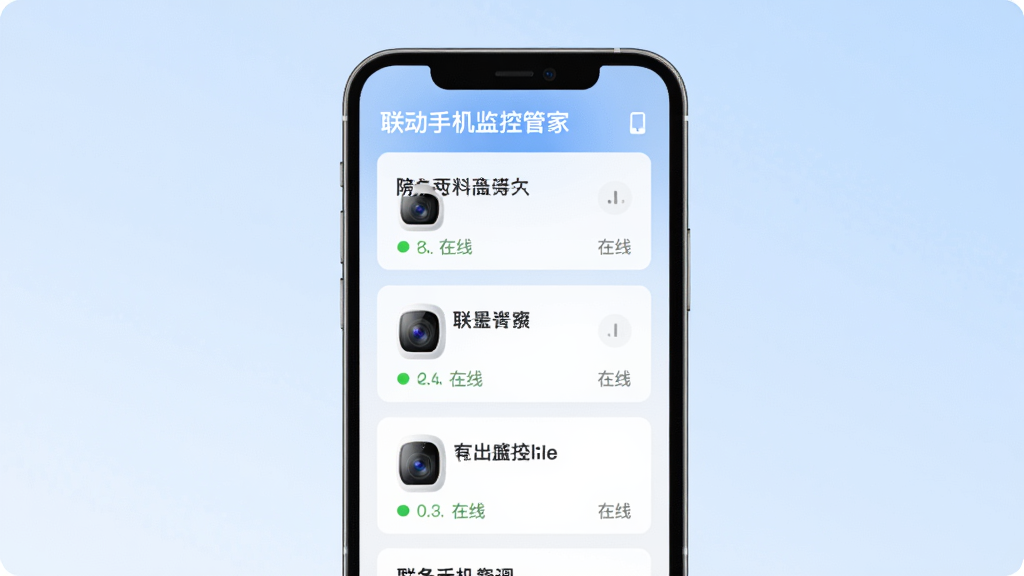 一张展示多设备管理的界面示意图,画面主体为手机屏幕,屏幕内排列多个摄像头设备卡片,每个卡片显示设备名称与在线状态,背景为浅蓝色渐变,风格清爽简洁,排版整齐,细节清晰,画质干净,无多余元素,屏幕中写“联动手机监控管家”