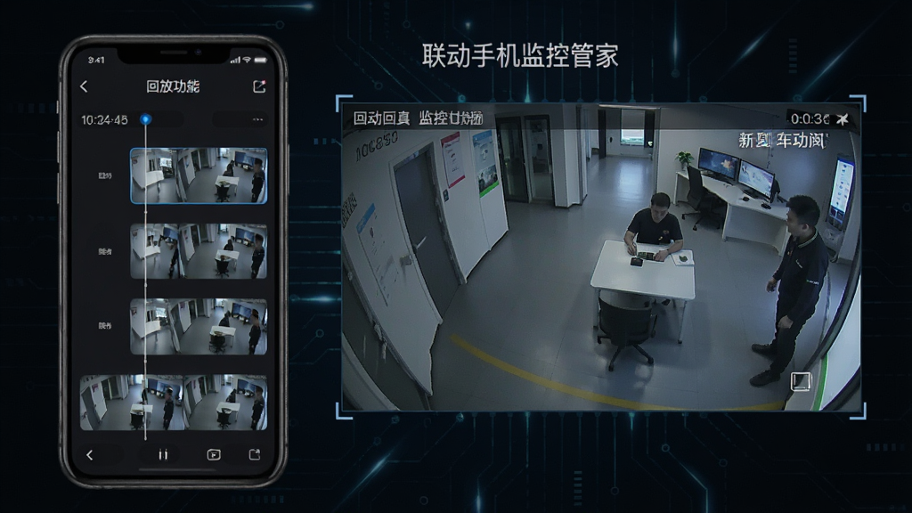 一张展示录像回放功能的场景图,画面左侧为手机显示时间轴与录像片段列表,右侧为监控画面预览,背景为深色科技风,风格沉稳专业,排版清晰,细节丰富,画质干净,无多余元素,画面中写“联动手机监控管家”