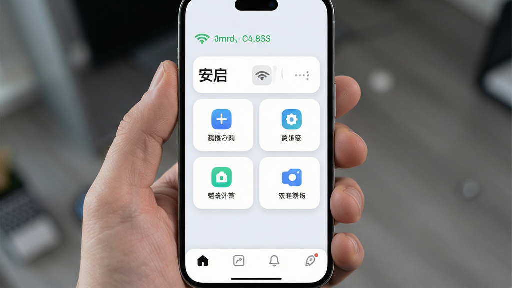 一张展示智能手机界面的图片,画面中央是名为“安启”的应用程序主界面,界面采用浅色背景与圆角卡片设计,顶部显示设备连接状态,中部排列着几个功能图标,底部有导航栏。整体布局简洁清晰,风格现代科技感,细节上图标边缘锐利,文字清晰可辨,画质干净,无多余元素。