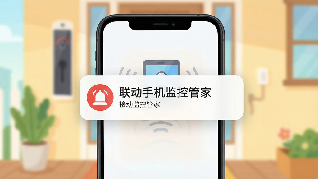 一张表现报警提醒功能的插图,画面中央为手机弹出通知卡片,卡片上显示报警图标与文字,背景为家庭门口场景,风格简洁明快,排版突出通知主体,细节清晰,画质干净,无多余元素,通知卡片中写“联动手机监控管家”
