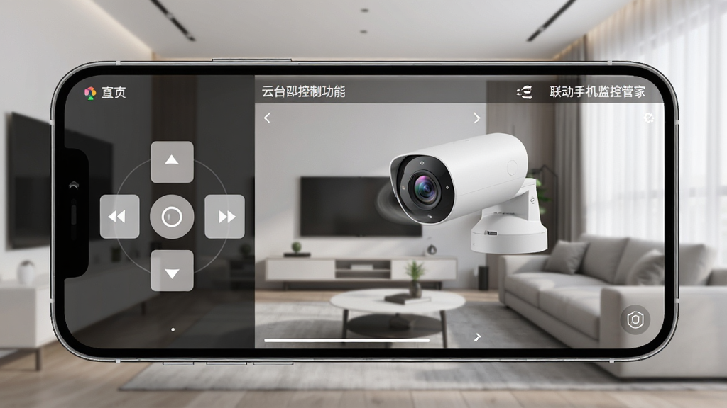 一张展示云台控制功能的示意图,画面主体为手机横屏界面,界面中有方向控制按钮与监控画面,画面中摄像头正在转动,背景为客厅场景,风格现代简约,排版直观,细节清晰,画质干净,无多余元素,界面中写“联动手机监控管家”