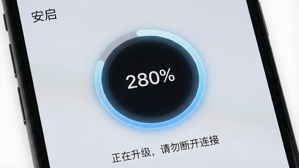 一张展示手机界面的图片,画面中“安启”应用正在执行固件升级操作,屏幕中央显示一个圆形的进度环,进度环内部有百分比数字,下方有“正在升级,请勿断开连接”的提示文字。背景为浅灰色,风格干净利落,细节上进度环带有微光效果,文字清晰,画质干净,无多余元素。