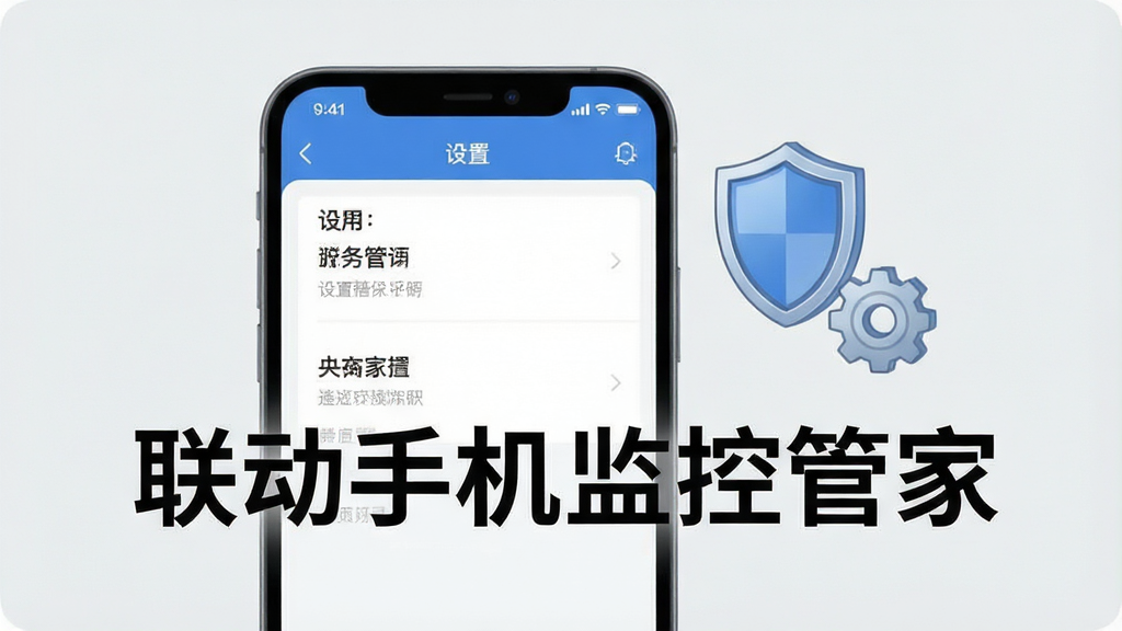 一张表现手机监控应用使用注意事项的插图,画面主体为手机屏幕显示设置界面,旁边有盾牌与齿轮图标,背景为浅灰色,风格简约商务,排版清晰,细节干净,无多余元素,画面中写“联动手机监控管家”