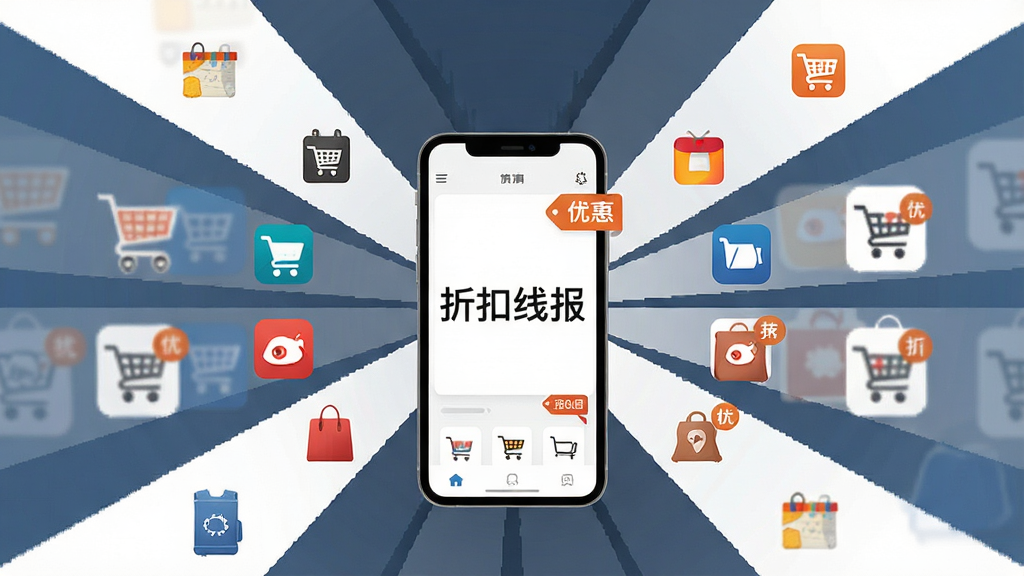 一个由多个购物平台图标汇聚向中心手机界面的示意图,中心手机界面显示“折扣线报”文字,布局呈放射状,排版对称,风格为简约商务,细节包含各类商品小图标和优惠标签,画质清晰,干净,无多余元素