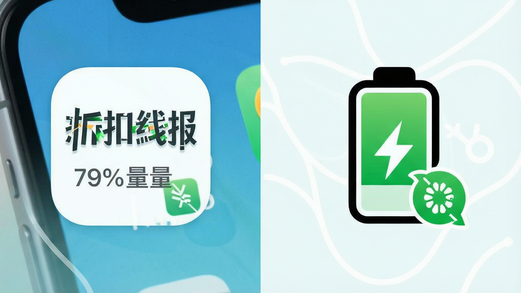 一张展示手机后台省电模式的示意图,画面中手机屏幕显示“折扣线报”应用图标与省电标识,布局为左右分栏,左侧为应用图标,右侧为电池图标与绿色节能符号,风格为清新浅色,细节包含电量百分比和流畅线条,画质高清,干净,无多余元素