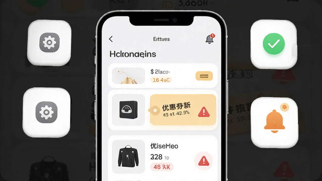 一部手机屏幕显示折扣线报应用界面,界面中呈现商品列表与优惠券标签,旁边有齿轮设置图标和通知铃铛图标,布局为手机居中,周围环绕设置与通知元素,风格为柔和圆角,细节包含绿色对勾和红色警示符号,画质高清,干净,无多余元素