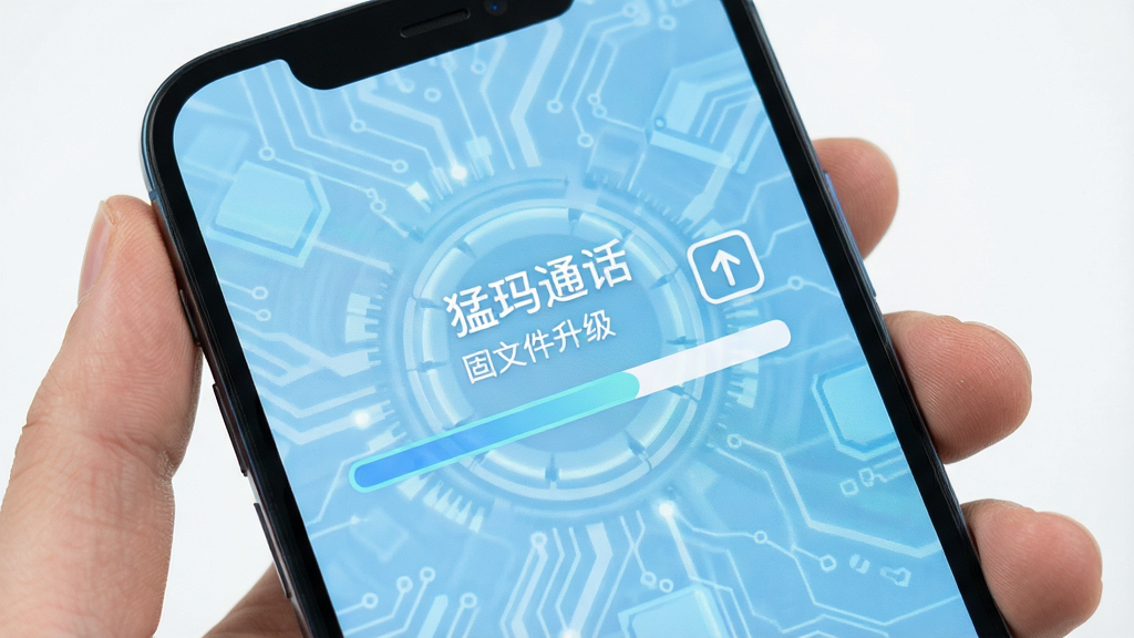 手机屏幕显示“猛玛通话”固件升级界面,进度条正在推进,旁边有猛玛设备与向上箭头图标,背景为浅蓝色科技纹理,风格简洁明快,画质清晰,干净,无多余元素