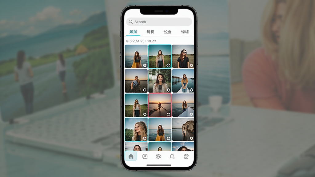 ��Ƭ����������������չʾ���ֻ���Ļ������ʾ������񲼾֣��������Ų�ɫ��Ƭ����ͼ���������������ͷ����ǩ���ײ��е�����ť�����岼�ּ�����������Ϊ�ִ���ƽ��UI��ƣ�ϸ�ڰ�����Ƭ���ڷ��顢ѡ��״̬�����߿򣬻��ʸ��壬�ɾ����޶���Ԫ��