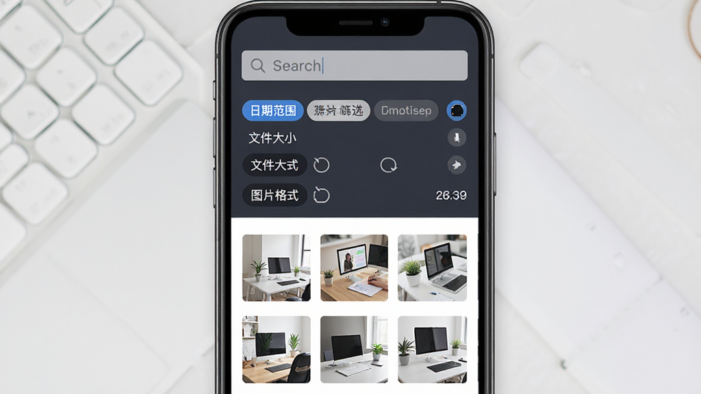 ��Ƭ��������������ɸѡ���棬�ֻ���Ļ������ʾ����������·�չʾɸѡ����ѡ�������ڷ�Χ���ļ���С��ͼƬ��ʽ���ײ���ʾ�����������ͼ�б�������Ϊ�������У����Ϊ��Լ�����UI��ϸ�ڰ���ɸѡ��ǩ�����ͽ�����������ʸ��壬�ɾ����޶���Ԫ��