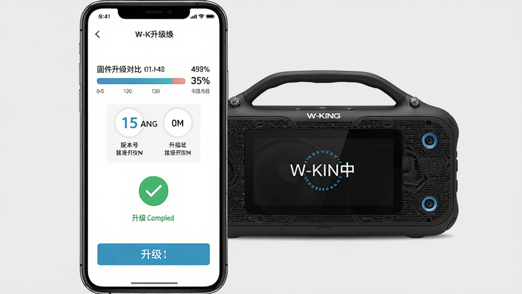 W-KING软件固件升级界面示意图,画面主体为手机屏幕,屏幕上显示固件升级进度条、版本号对比信息和升级按钮,手机旁边放置一台W-KING便携音箱,音箱屏幕显示升级中字样,背景为浅灰色,布局居中排版,风格简洁商务,细节包括进度百分比、版本号文字、升级完成提示图标,画质高清,干净,无多余元素