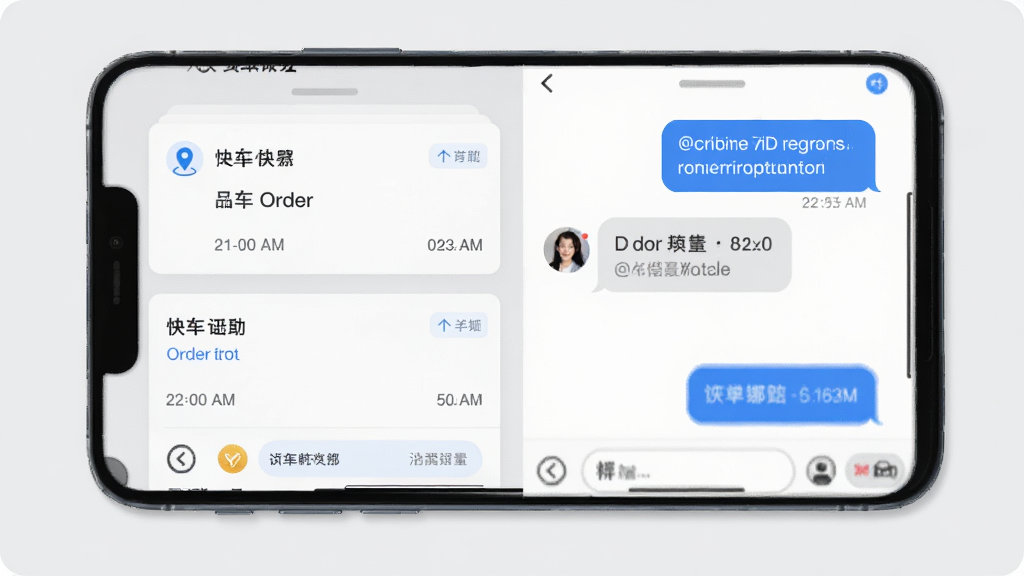 一张表现快车客服订单绑定功能的示意图,画面中一部手机屏幕显示订单卡片与聊天窗口并列,左侧是订单详情,右侧是对话气泡,背景为浅灰色,风格商务简洁,细节包括定位图标、时间戳、用户头像,画质清晰,构图干净,无杂乱元素