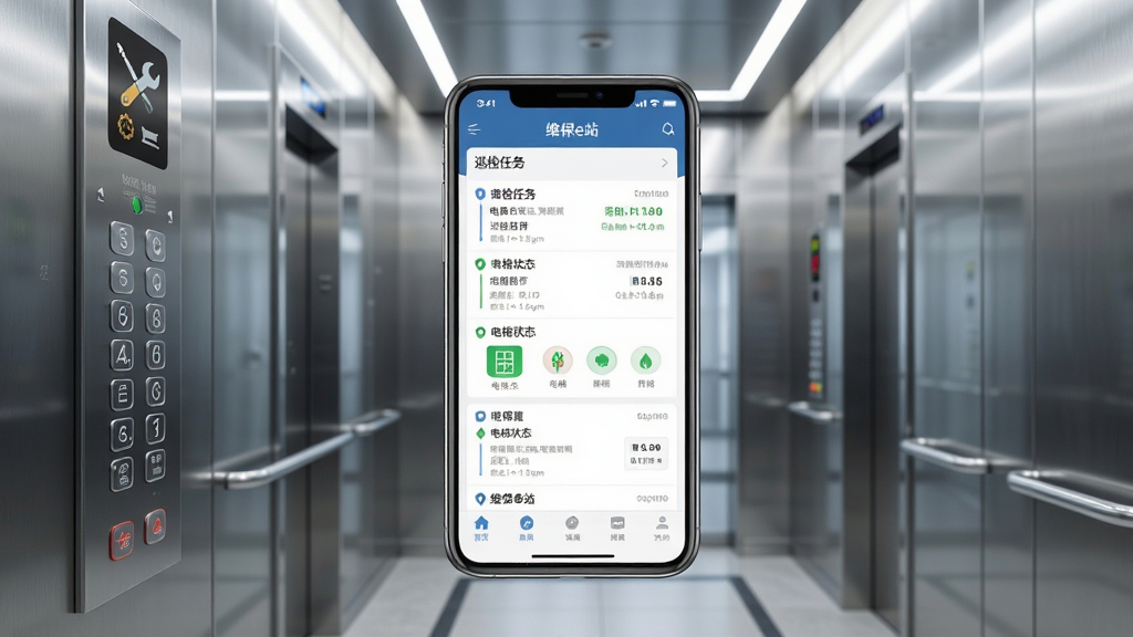维保e站软件主界面全貌展示,中央放置一部智能手机,屏幕中显示电梯维保管理应用的首页,包含巡检任务列表、电梯状态图标和底部导航栏,背景为现代写字楼电梯间场景,布局采用居中构图,风格为写实科技风,细节包含电梯按钮面板、维保工具图标和整洁的UI界面,画质清晰,干净,无多余元素