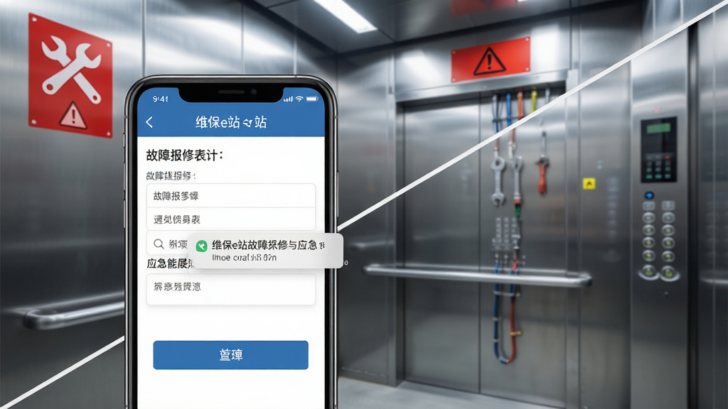 维保e站故障报修与应急响应功能展示,画面中央是一部智能手机,屏幕显示故障报修表单和消息推送通知,背景为电梯机房环境,布局采用对角线构图,风格为写实科技风,细节包含扳手工具图标、红色警示标识和清晰的按钮,画质锐利,干净,无多余元素