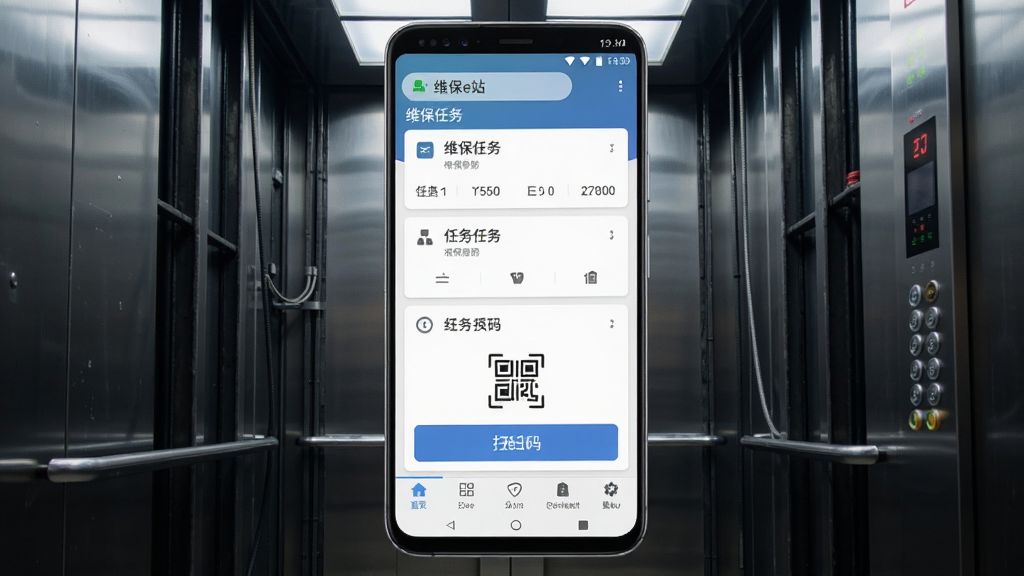 维保e站移动端操作界面截图风格展示,画面中央为一部安卓手机,屏幕显示维保任务列表和扫码按钮,背景为电梯井道环境,布局采用竖版构图,风格为写实科技风,细节包含手机通知栏、任务卡片和底部菜单栏,画质清晰,干净,无多余元素