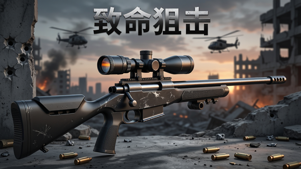 画面中央展示一把黑色狙击步枪,枪身带有金属光泽与磨损细节,背景是黄昏时分的城市废墟,远处有直升机剪影与硝烟,整体色调偏冷灰与暗橙,风格为写实军事风,细节包括瞄准镜反光、弹壳散落地面、墙壁弹孔,画质高清,干净,无多余元素,图片上方有