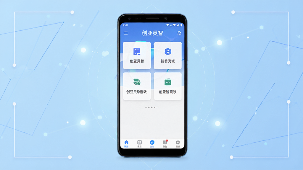 画面中央放置一部安卓手机,手机屏幕显示创亚灵智软件主界面,界面包含功能卡片与底部导航栏,背景为浅蓝色渐变,四周点缀简约的几何线条与光点,整体风格清新科技感,排版居中对称,画质高清,干净无多余元素,屏幕中文字显示“创亚灵智”