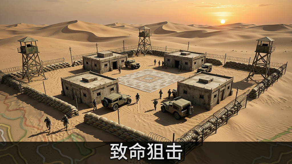沙漠中的军事据点俯瞰图,几座方形建筑围绕中央广场,四周有沙袋掩体和望塔,远处是起伏的沙丘与落日,画面风格写实军事地图,细节包括巡逻士兵、停放的吉普车、铁丝网围栏,画质高清,干净,无多余元素,图片下方有