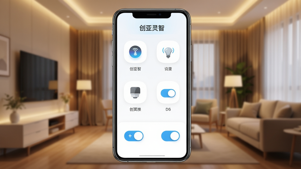 手机屏幕展示创亚灵智的设备控制界面,界面中有多个智能设备图标与开关按钮,背景是现代化的智能家居环境,灯光柔和,风格科技温馨,排版清晰,画质高清,干净无多余元素,屏幕中文字显示“创亚灵智”