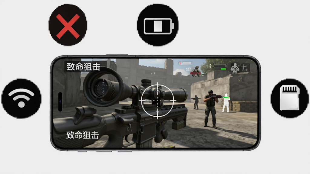 一部智能手机横向握持,屏幕上显示狙击游戏画面,手机周围环绕着WiFi关闭图标、电池图标和存储卡图标,背景为浅灰色,风格简洁科技风,细节包括手机边缘的按键、屏幕上的准星与敌人轮廓,画质高清,干净,无多余元素,画面中有