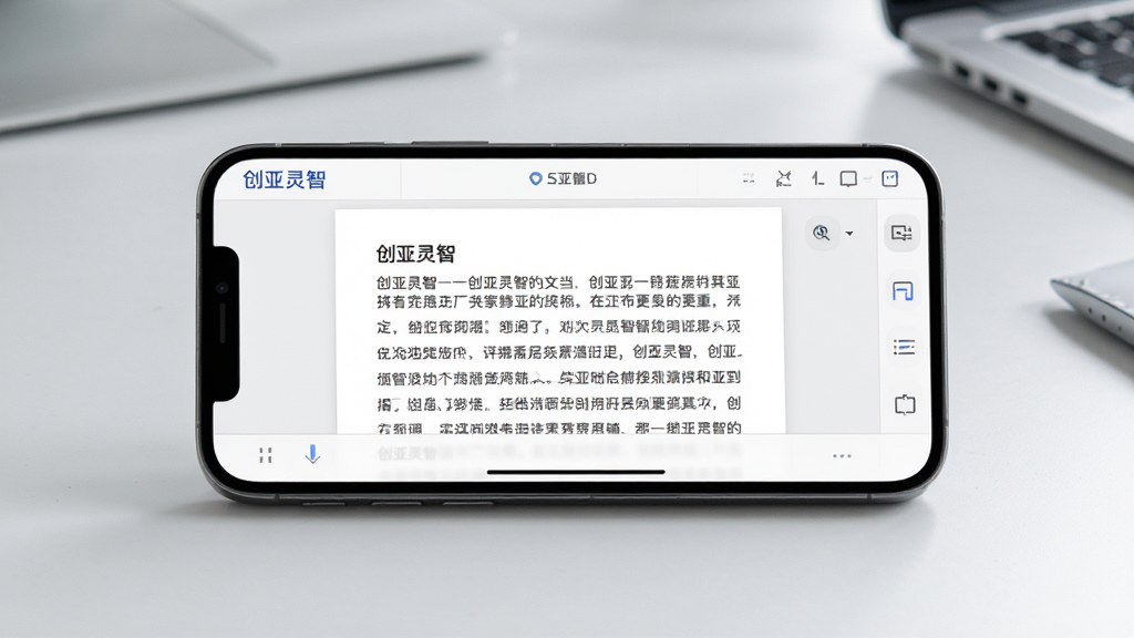 手机横屏显示创亚灵智的文档编辑界面,屏幕中有文字段落与工具栏,背景为浅灰色办公桌面,风格简洁高效,细节锐利,画质高清,干净无多余元素,屏幕中文字显示“创亚灵智”