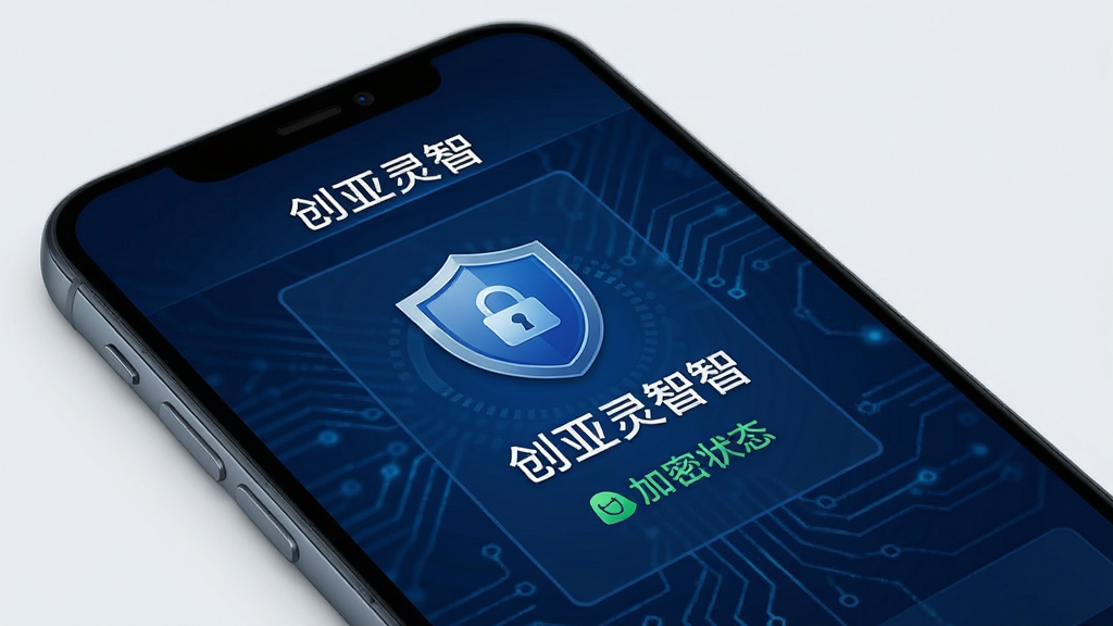 手机屏幕显示创亚灵智的安全中心界面,界面中有盾牌图标与加密状态提示,背景为深蓝色科技纹理,风格安全稳重,排版规整,画质高清,干净无多余元素,屏幕中文字显示“创亚灵智”