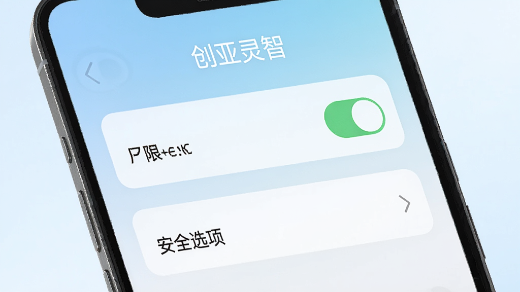 手机屏幕显示创亚灵智的设置界面,界面中有权限开关与安全选项,背景为浅色渐变,风格简洁明了,排版整齐,画质高清,干净无多余元素,屏幕中文字显示“创亚灵智”