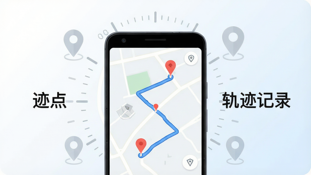 �����������һ����׿�ֻ����ֻ���Ļ��ʾ���ĵ�ͼ�켣��¼���棬����������ɫ·�����ɫλ�ñ�ǵ㣬�ֻ���Χ����ǳ��ɫ��λͼ����ʱ��̶�Ԫ�أ�������ñ�ƽ���Ƽ���񣬱���Ϊ�ɾ��İ�ɫ��ǳ��ɫ���䣬���������ֱ�ע�����㡱�롰�켣��¼�����������Ҿ��⣬ϸ�����������ʸ��壬�ɾ��޶���Ԫ��