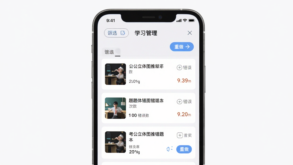 ��������ͼ�ƴ��Ȿҳ�棬����Ϊ�ֻ���Ļ������Ϊ�����б����Ű�ÿ��������ʾ��Ŀ����ͼ�ʹ�����������Ϊѧϰ��������棬ϸ�ڰ���ɸѡ��ť��������ڣ������������ɾ����޶���Ԫ��