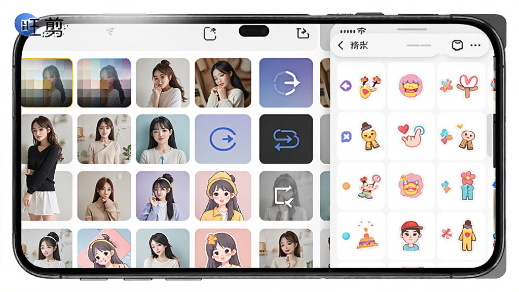 展示旺剪App内置素材库与特效面板,主体为手机界面,布局为网格状素材缩略图排列,排版整齐,风格为清新明快,细节包含滤镜缩略图、转场图标、贴纸预览,画质高清,干净,无多余元素