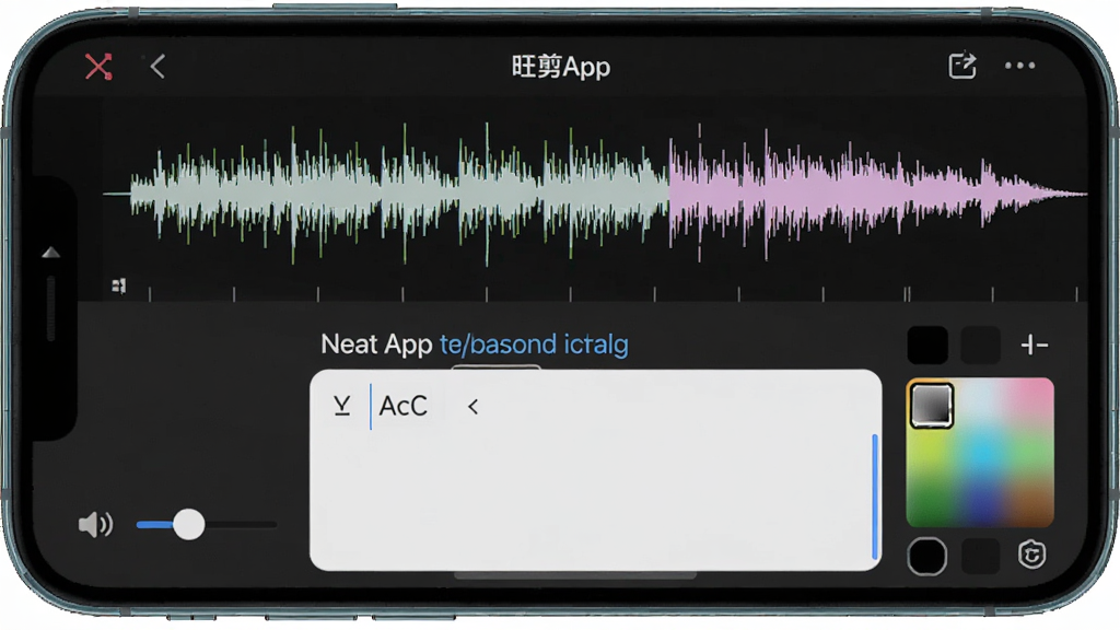 展示旺剪App音频与字幕编辑界面,主体为手机屏幕,布局为音频波形图与字幕输入框上下排列,排版清晰,风格为简约工具风,细节包含音量滑块、字体选择器、颜色面板,画质清晰,干净,无多余元素