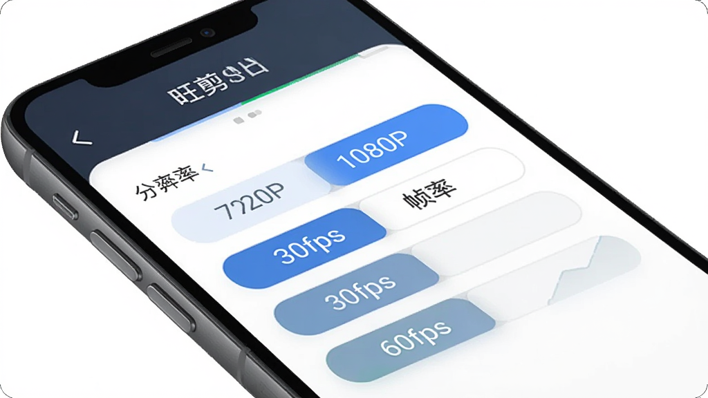 展示旺剪App导出设置页面,主体为手机界面,布局为分辨率与帧率选项列表,排版简洁,风格为现代商务风,细节包含1080P、720P、30fps、60fps选项按钮,画质高清,干净,无多余元素