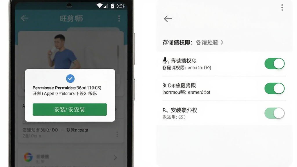 展示旺剪App在安卓手机上的安装与权限设置流程,主体为手机屏幕,布局为权限弹窗与设置开关,排版清晰,风格为实用教程风,细节包含存储权限、麦克风权限、安装按钮,画质清晰,干净,无多余元素