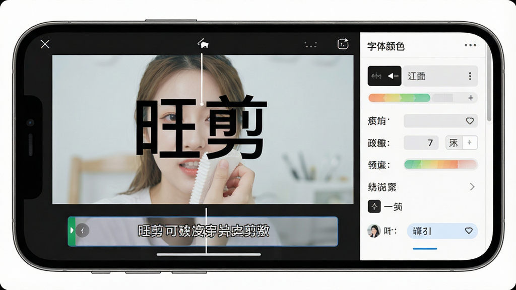 手机屏幕显示“旺剪”字幕编辑界面,视频画面下方出现自动生成的字幕条,旁边有字体颜色描边设置面板,整体布局清晰,风格简洁明亮,细节丰富,画质清晰,干净,无多余元素