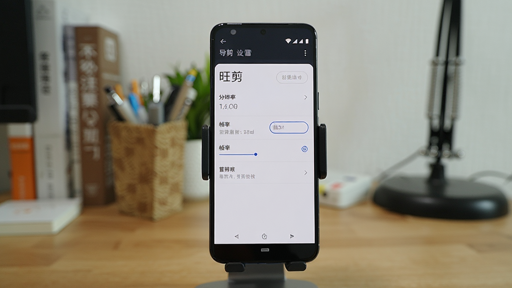 一部安卓手机放置在桌面支架上,屏幕显示“旺剪”导出设置页面,分辨率与帧率选项清晰,背景为居家书桌环境,布局居中,风格生活化,细节自然,画质清晰,干净,无多余元素