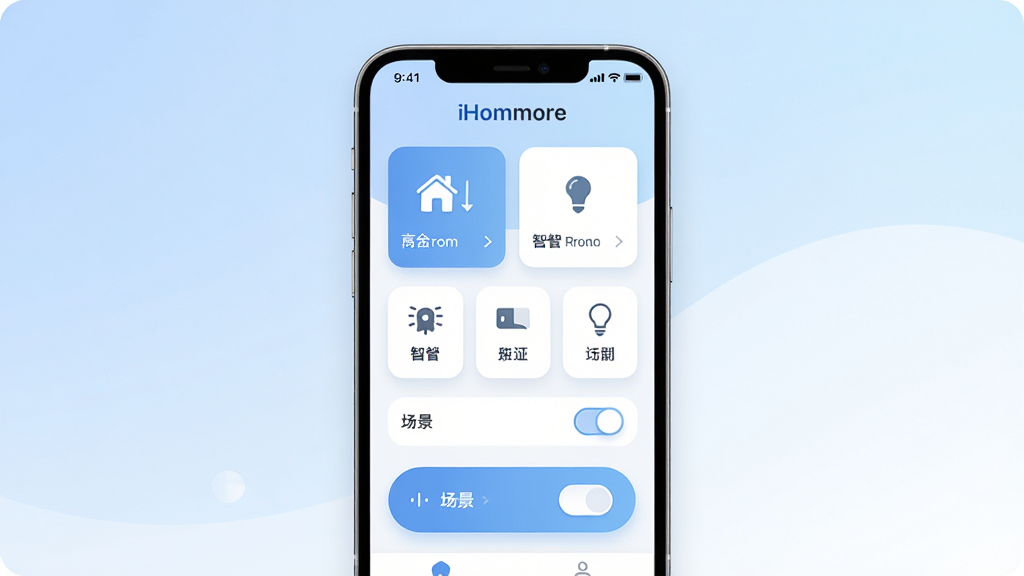 iHommore智能家居控制应用界面展示图,主体为一部智能手机,屏幕中显示iHommore应用主页面,包含房间卡片、设备图标、场景开关按钮,布局简洁清晰,排版为居中展示手机正面,风格为现代科技感扁平化设计,细节包含柔和阴影、圆角卡片、淡蓝与白色渐变背景,画质高清,干净,无多余元素