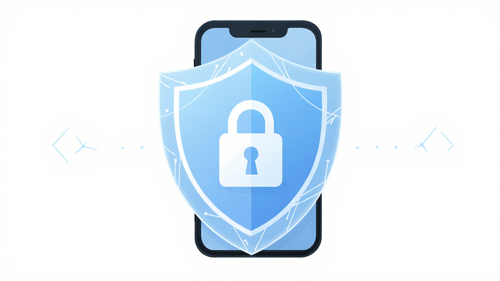 iHommore隐私安全保护功能示意图,主体为盾牌与手机结合图形,盾牌内部显示锁形图标,布局为居中对称,排版简洁,风格为安全防护类扁平插画,细节包含淡蓝色渐变、细线条装饰、干净背景,画质高清,无多余元素